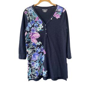 Chico's Tee Size Medium Floral Henley Tunic Side Slit Slub Knit T-Shirt